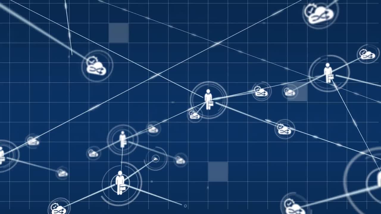 파란 바탕에 그리드 패턴을 이동하는 선과 연결되는 아이콘의 애니메이션