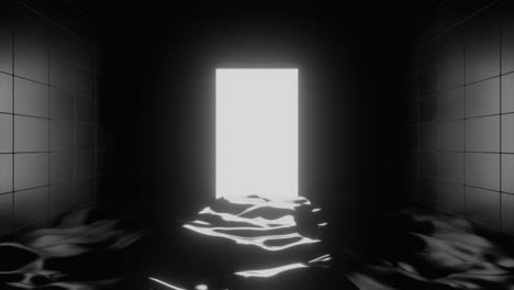dark room with a glowing door
