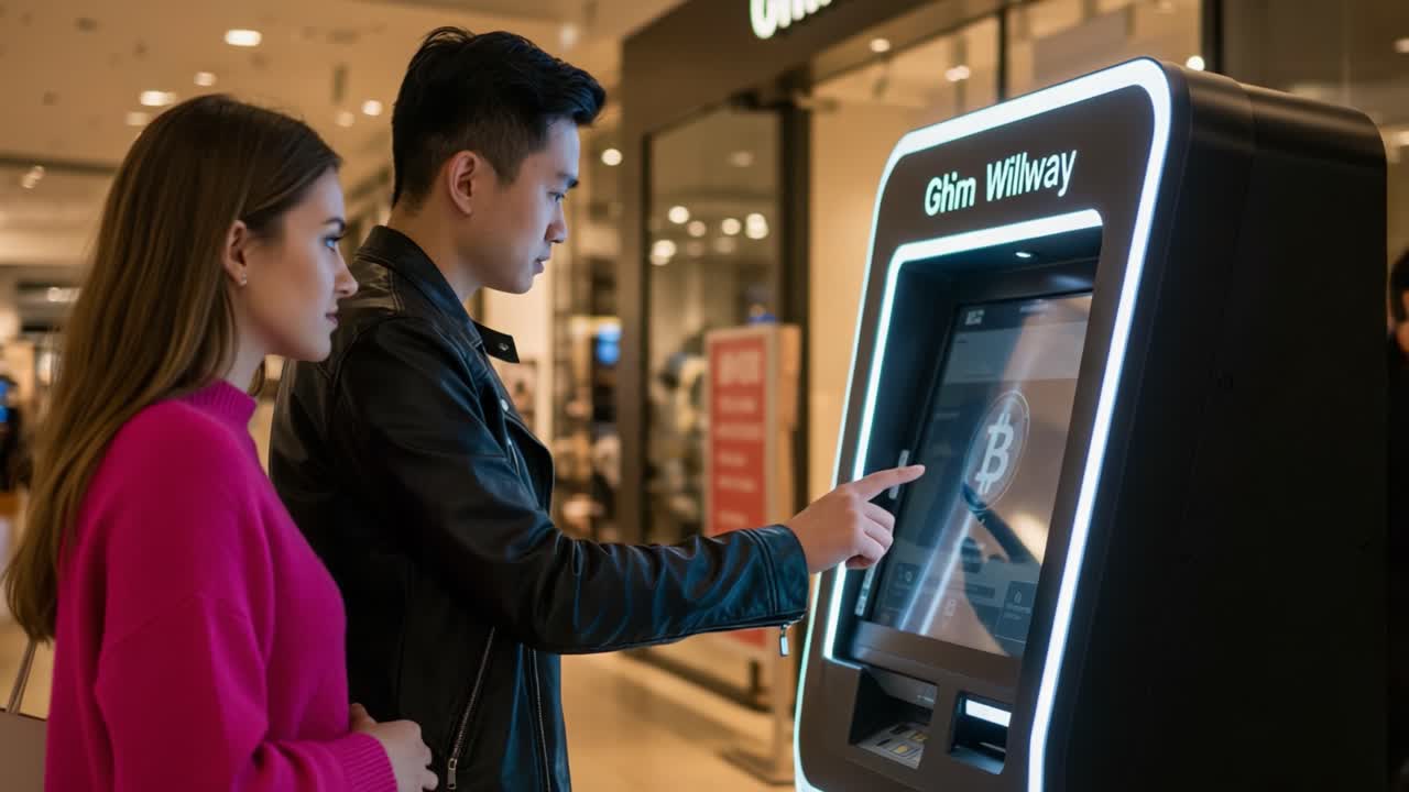 Young Couple Engaged at a Cryptocurrency Kiosk, Exploring Bitcoin Transactions in a Stylish Retail Environment, with Modern Design and Cutting-Edge Technology Visible