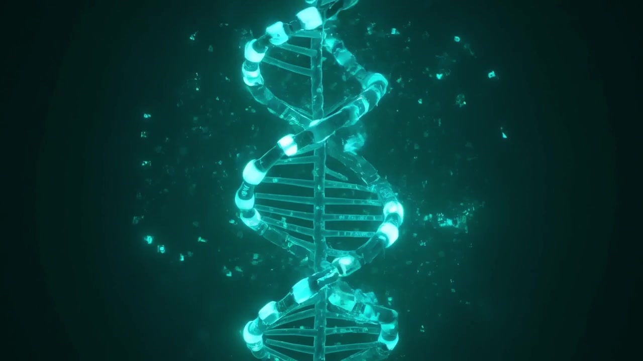 Glowing Digital DNA Double Helix Rotating with Particles