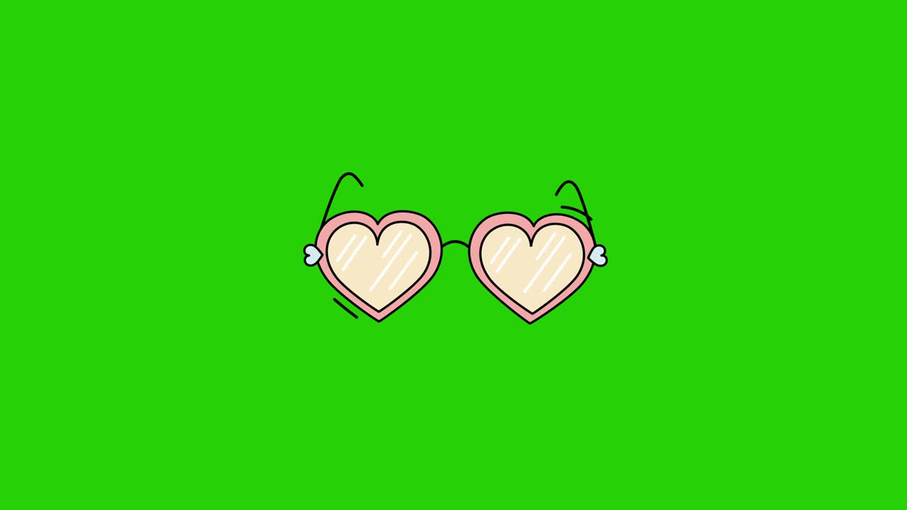 녹색 바탕에 심장 모양의 렌즈를 가진 만화 안경의 4k 비디오.