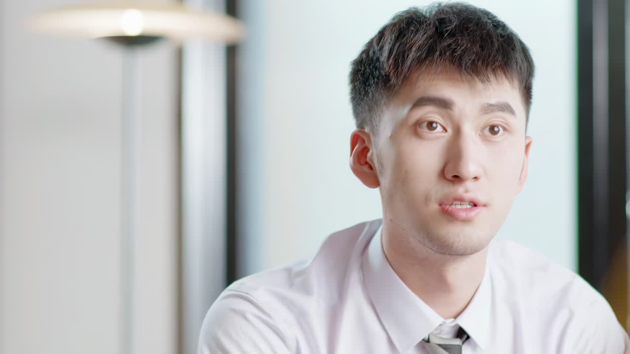 Close-up of a young Asian man in a shirt and tie indoors