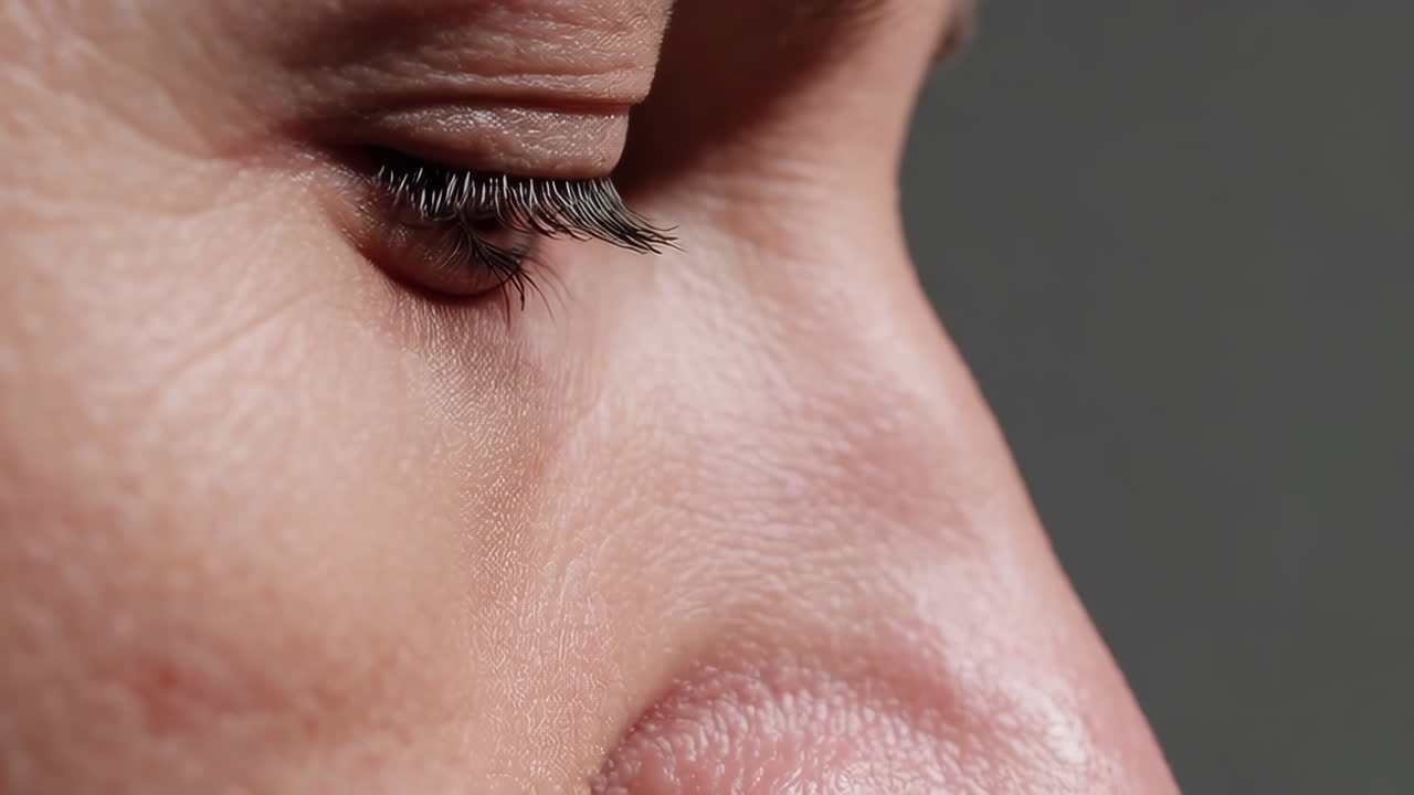 Close-up side profile of a human eye and skin