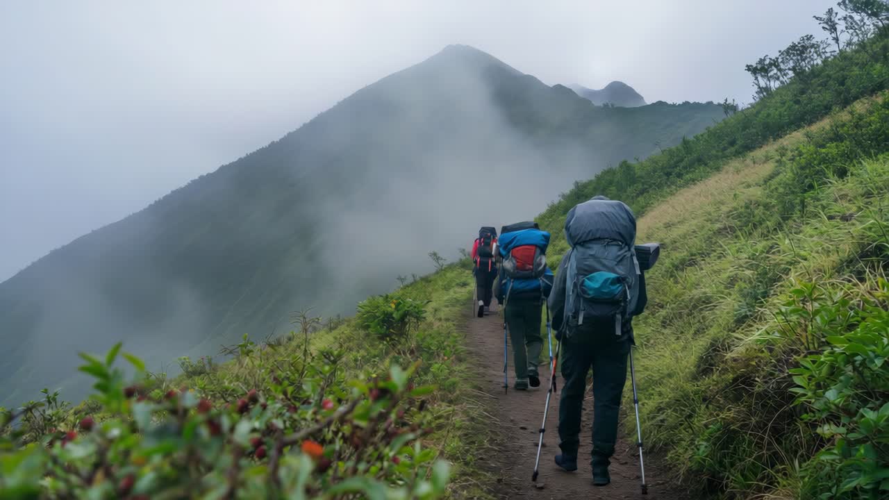 Two experienced hikers carrying large backpacks traversing narrow mountain path, surrounded by dense fog and lush green vegetation, embodying wilderness adventure and exploration