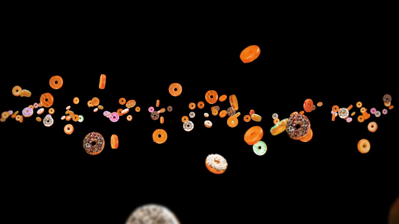 volando muchas rosquillas coloridas en fondo negro. pastel de rosquilla, dulces, postre. animación 3d de rosquillas girando. animación de bucle.
