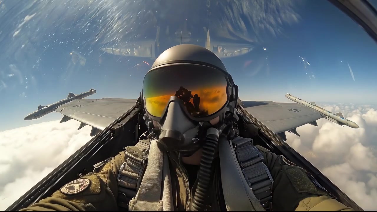 Vista in prima persona di un pilota dalla cabina di pilotaggio di un jet da combattimento sopra le nuvole