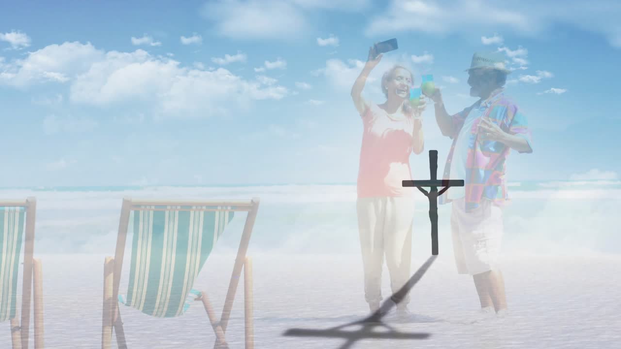 Woman raising phone, selfie; couple posing for travel while animated cross pole moving over legs