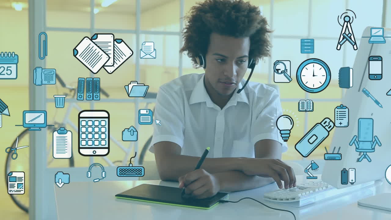 Animation of blue icons flying over a man using phone headset at home