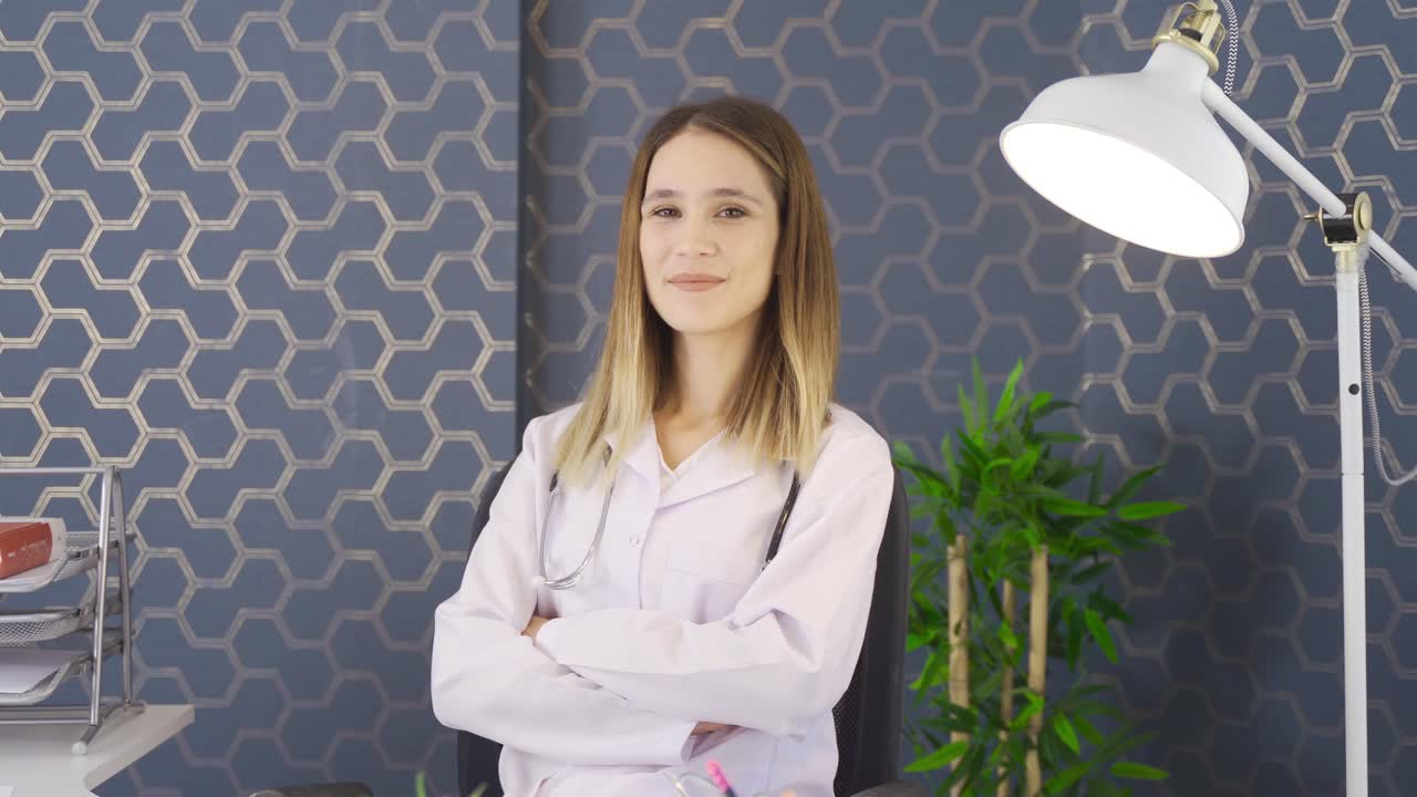 una doctora sénior y segura de sí misma mirando a la cámara.