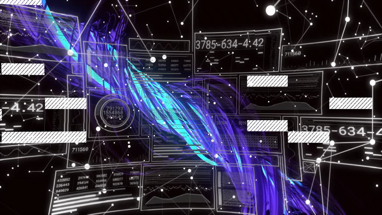 Blue thread emerging from left weaving grid forming pulsing purple-blue ribbon displaying data