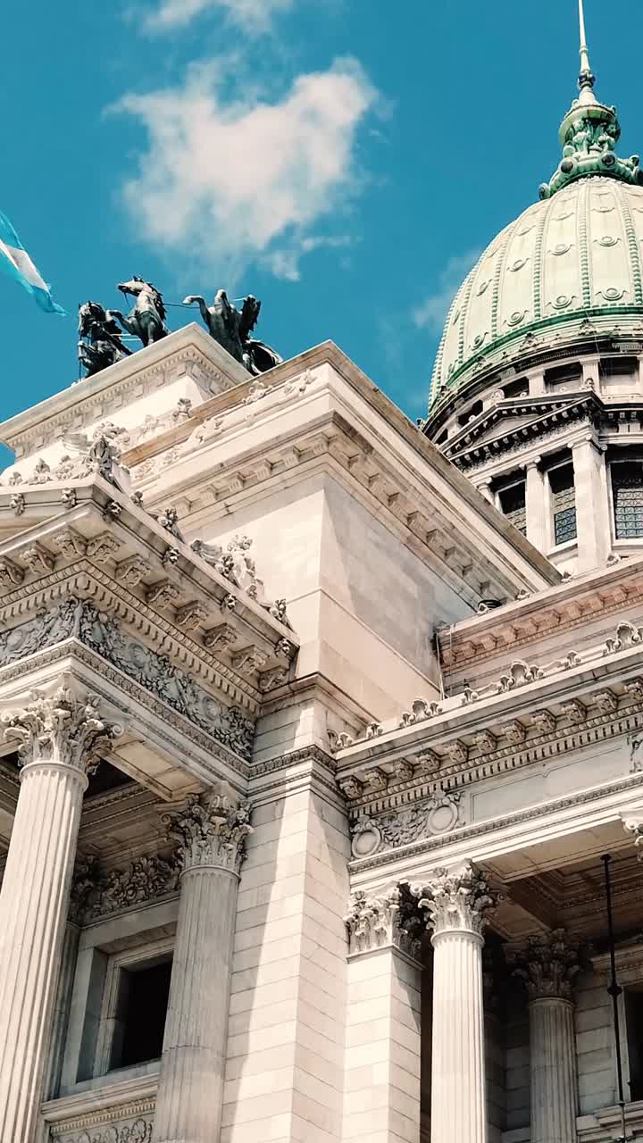 Vertical National Congress, Monumental Building in Buenos Aires Argentina, columns and building details, National flag waves in the Sky