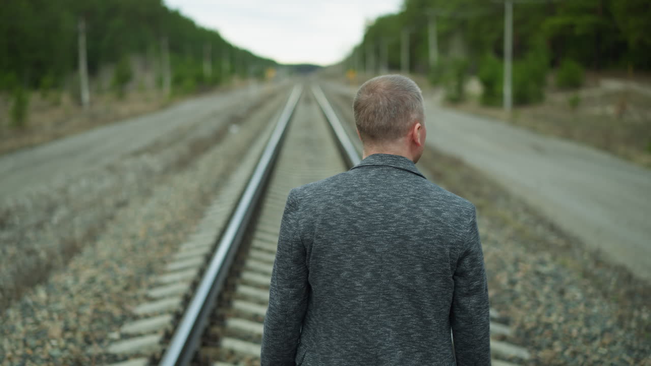 A back view of an aged man in a gray jacket, walking alone on a railway track, with a blurred view of trees and electric poles around