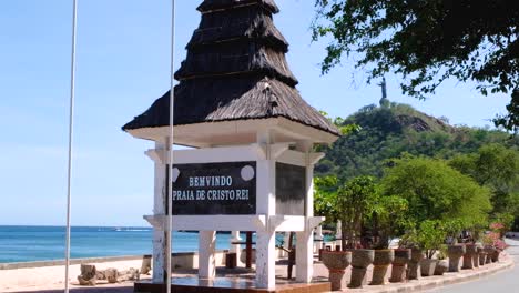Popular-tourist-and-local-spot-of-Cristo-Rei-statue-and-beach-in-capital-city-Dili,-Timor-Leste,-Southeast-Asia