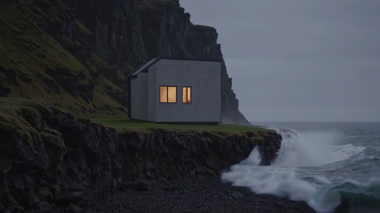 Modern Cabin on a Rocky Coast at Dusk