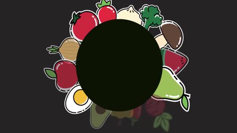 animation of multiple vegetables icons on black background