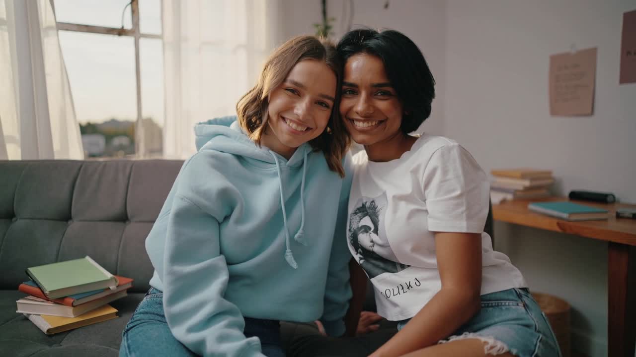 Smiling, camera starting, women in blue hoodie and white tee leaning on couch for camera, books