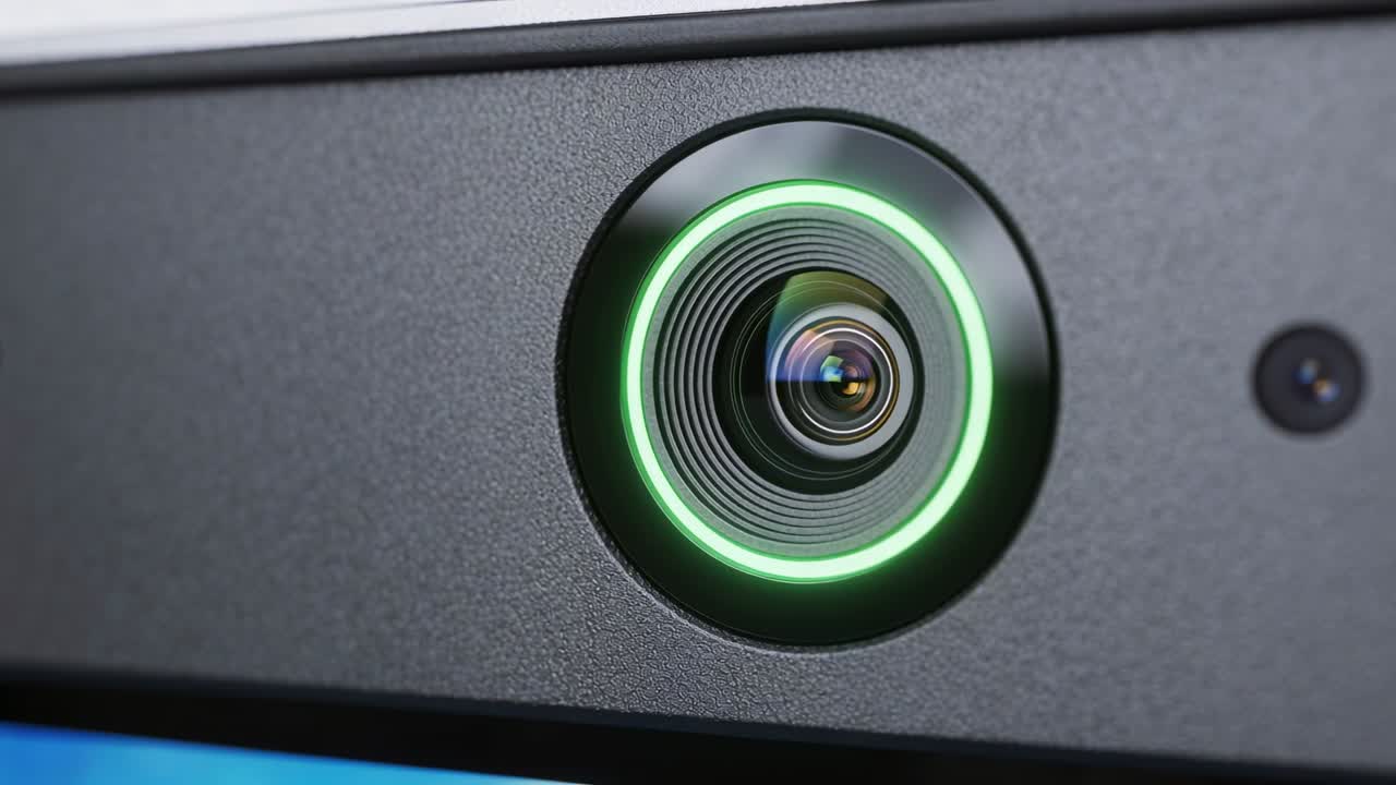 Powering webcam lens with sensor on monitor bezel as green LED ring rising, indicating activation