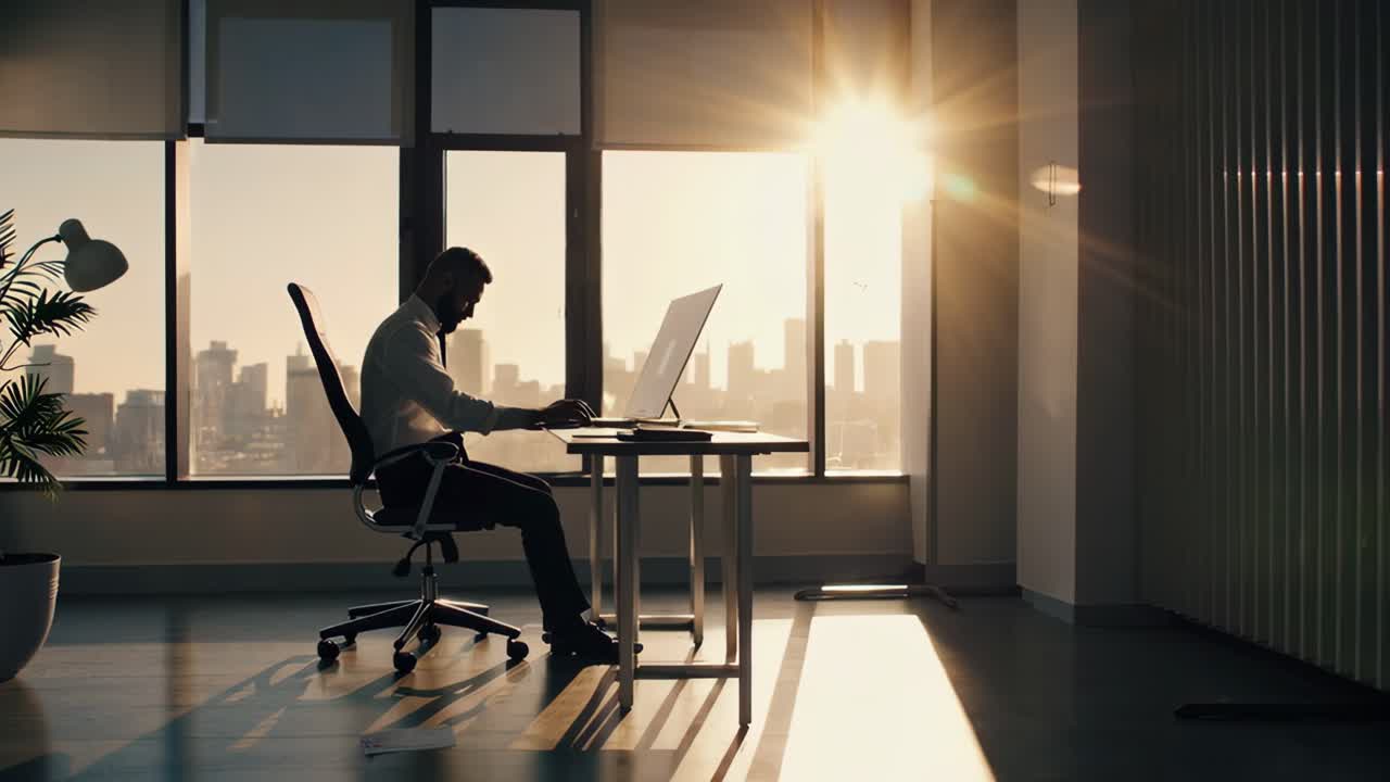 Professional businessman focusing intently on laptop screen, illuminated by golden sunset light filtering through contemporary office windows overlooking urban skyline