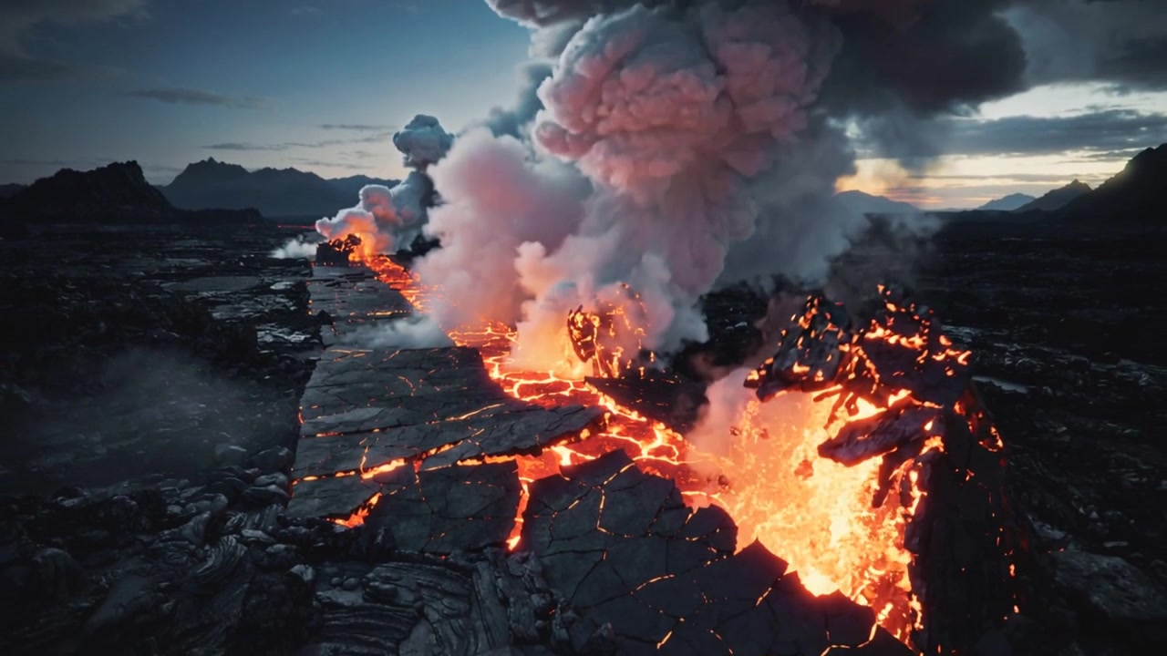 Sfiato centrale che emette fumo, causando una fessura eruttiva lungo un campo di lava al crepuscolo, con canali di lava incandescenti.