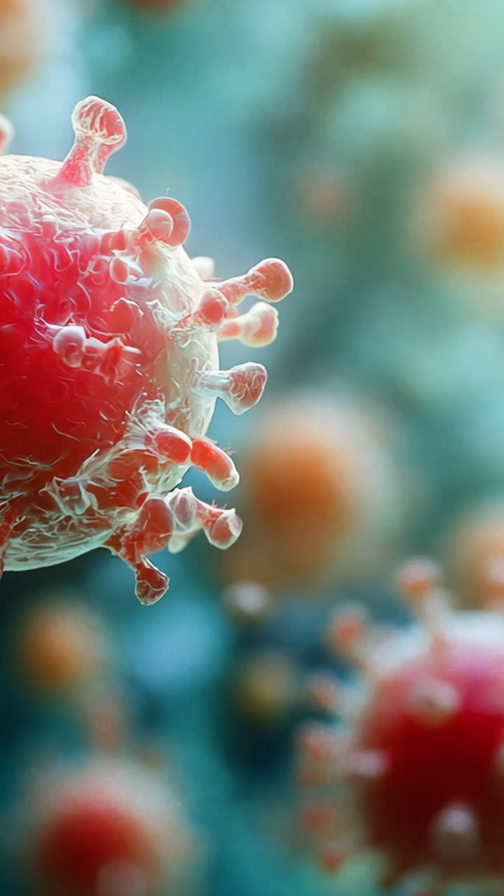 A close up of a bunch of red and yellow viruses. The viruses are in different sizes and are scattered throughout the image. Scene is somewhat ominous and foreboding