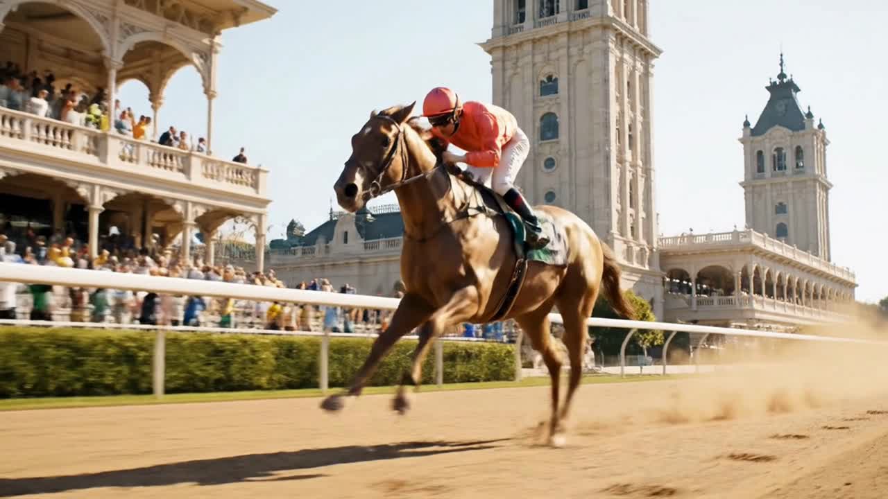 Racehorse and Jockey in Full Gallop on a Dirt Track at a Classic Racetrack