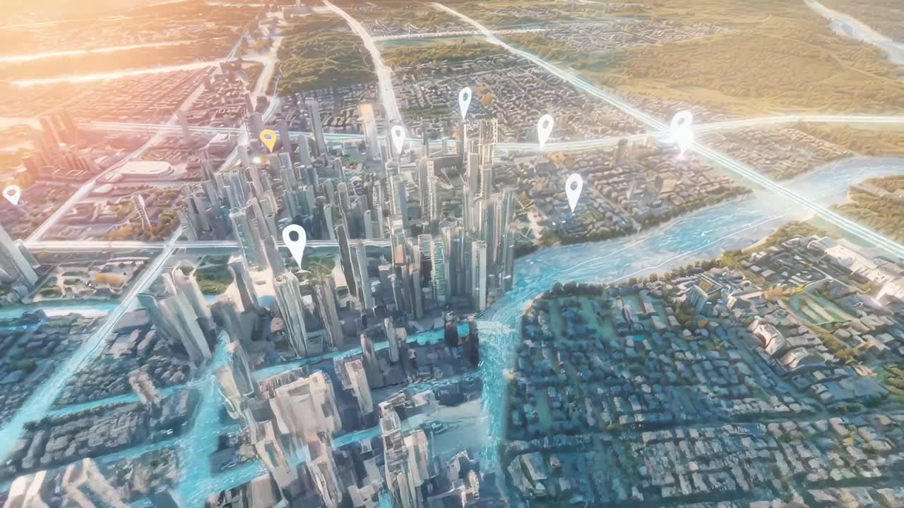 Vista aerea di una smart city futuristica con rete digitale e indicatori di posizione