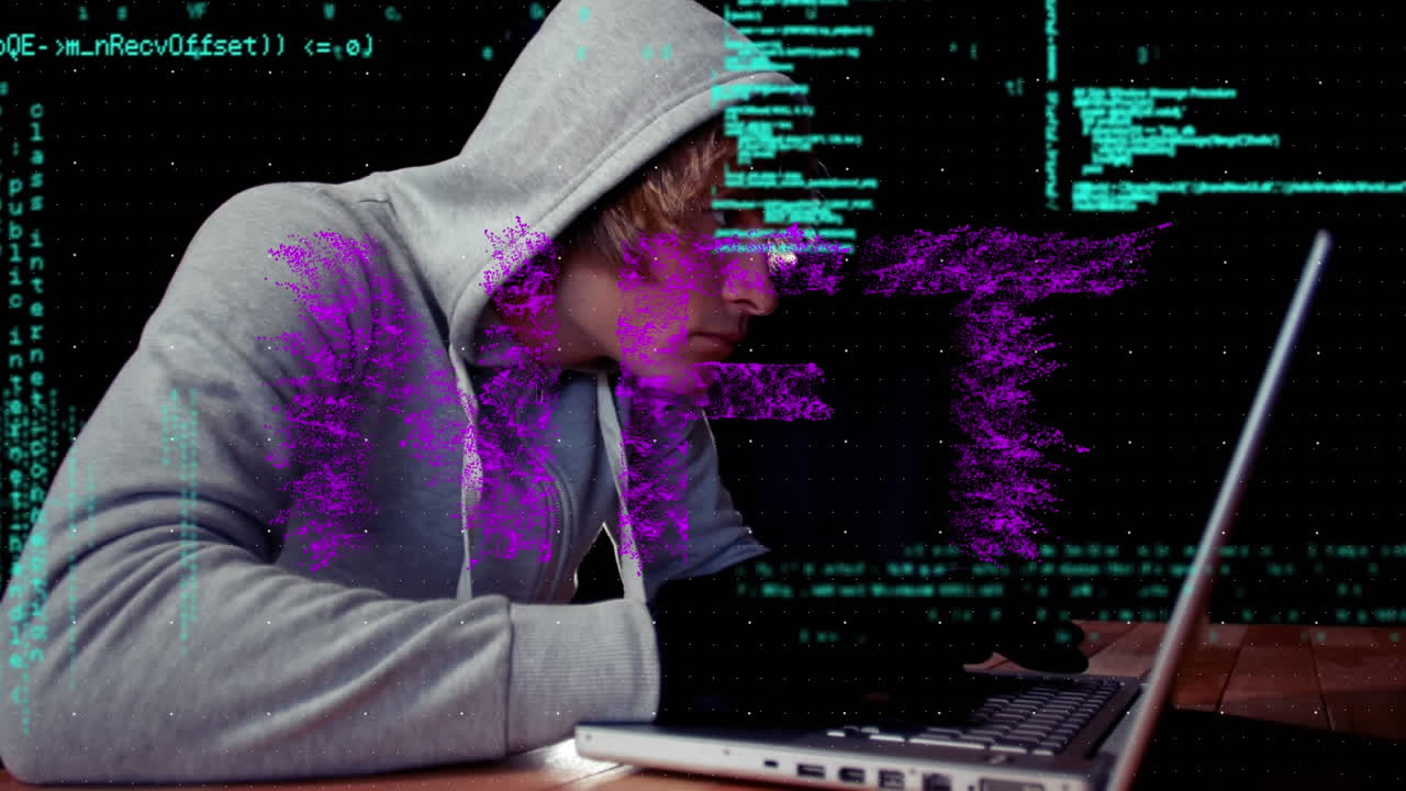 Animation of nft and data processing over caucasian male hacker