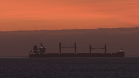 a huge cargo ship floats on the sea in the yellow rays of the afternoon sun