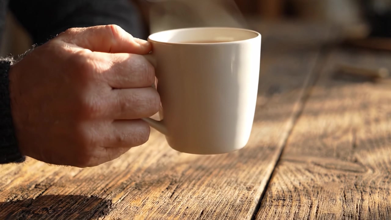 Una tazza di caffè caldo fumante su un tavolo di legno rustico, che invita a momenti di relax e comfort in uno spazio accogliente