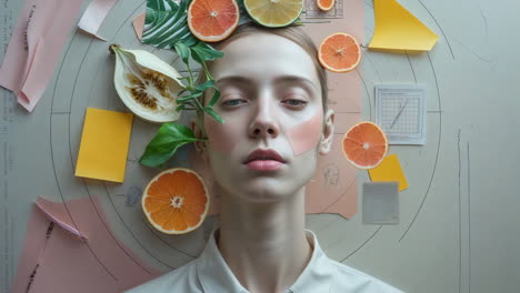 conceptual portrait with citrus fruits and paper elements