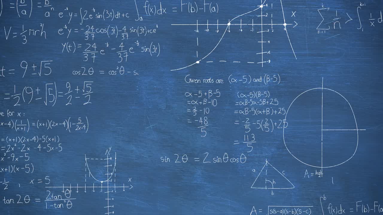 Animation of mathematical equations, formulas and diagrams against blue chalkboard background