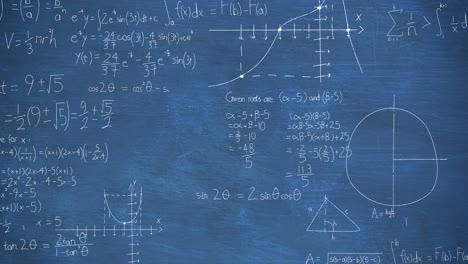 Animation-of-mathematical-equations,-formulas-and-diagrams-against-blue-chalkboard-background