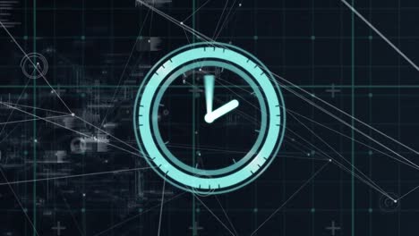 Animation-of-neon-ticking-clock-over-grid-network-and-network-of-connections-on-black-background