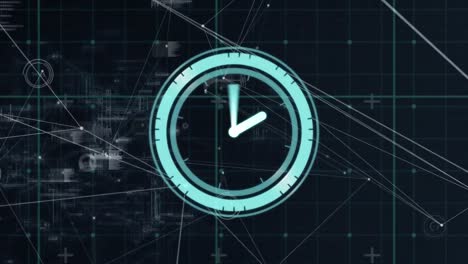 animación de reloj de neón sobre red de red y red de conexiones sobre fondo negro.