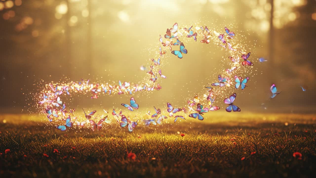 Ein magischer Tanz bunter Schmetterlinge in einer schimmernden Herzform unter einem goldenen Schein, der die Schönheit der Natur in einer heiteren Umgebung einfängt