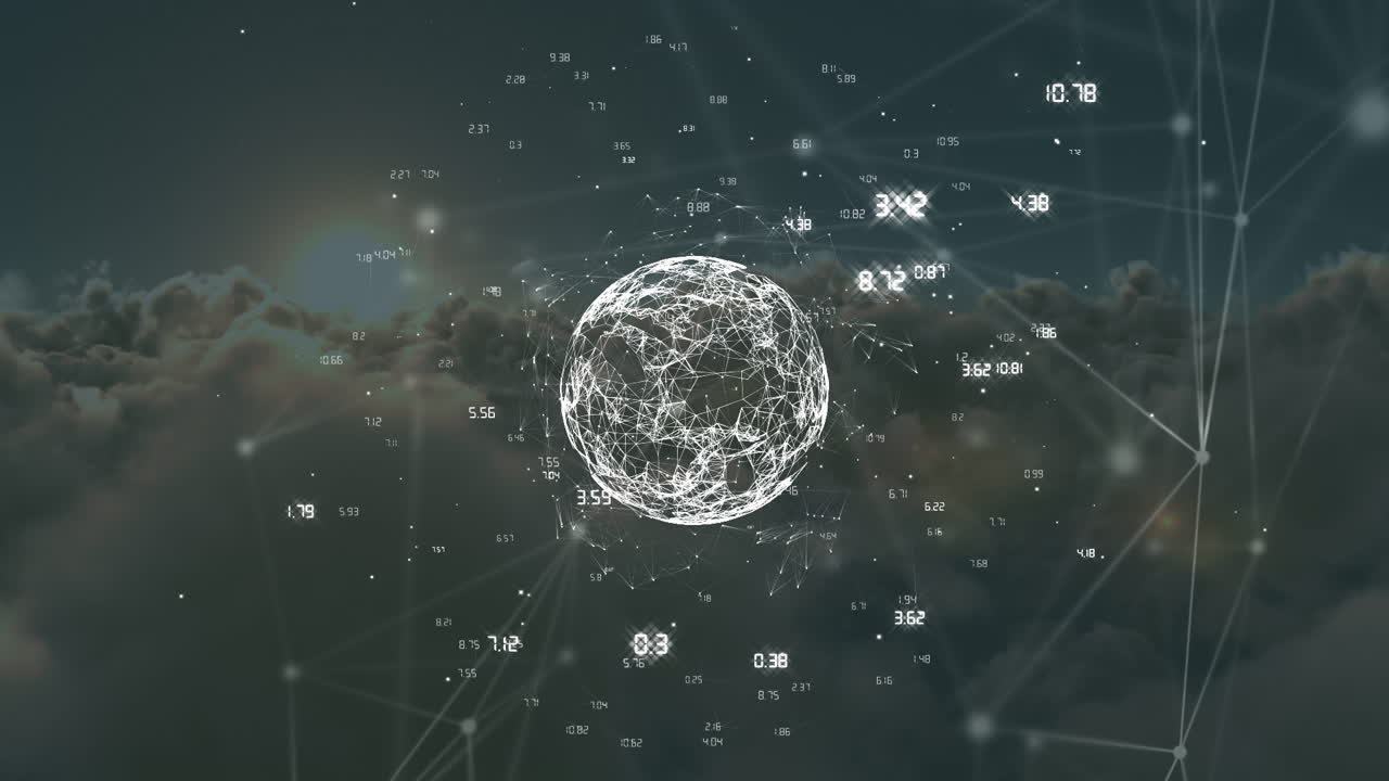 Animation of network of connections with numbers over globe, sky and clouds