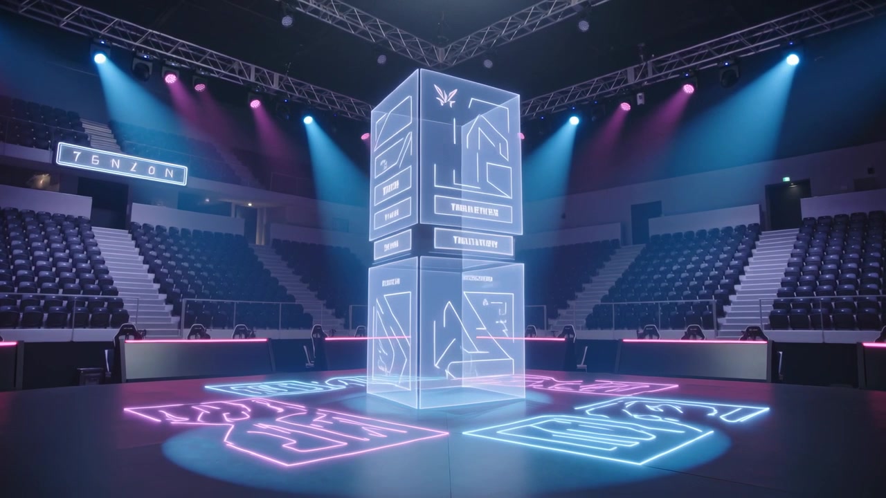 Cubo appena visibile che si impila formando una torre olografica sul pavimento dell'arena, con pannelli luminosi e neon per lo spettacolo
