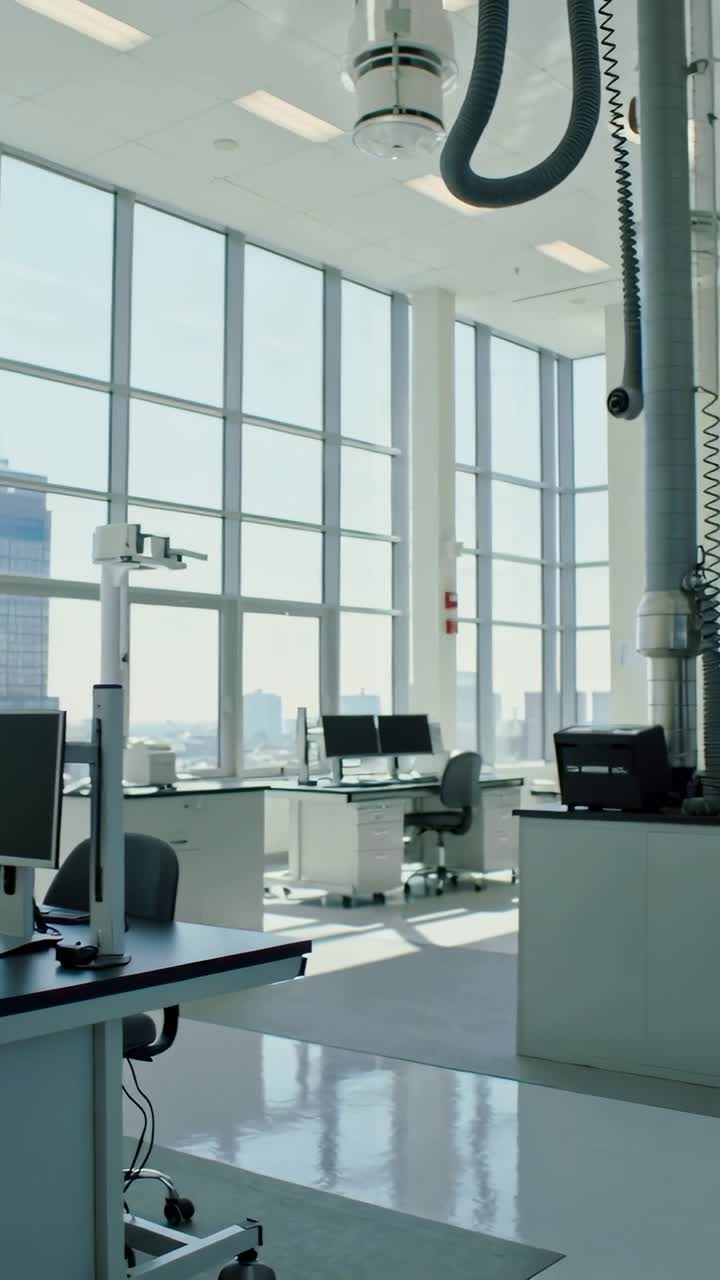 Video verticale: Telecamera panoramica che mostra un banco da laboratorio vuoto in un laboratorio luminoso, rivelando monitor e una bocchetta di ventilazione