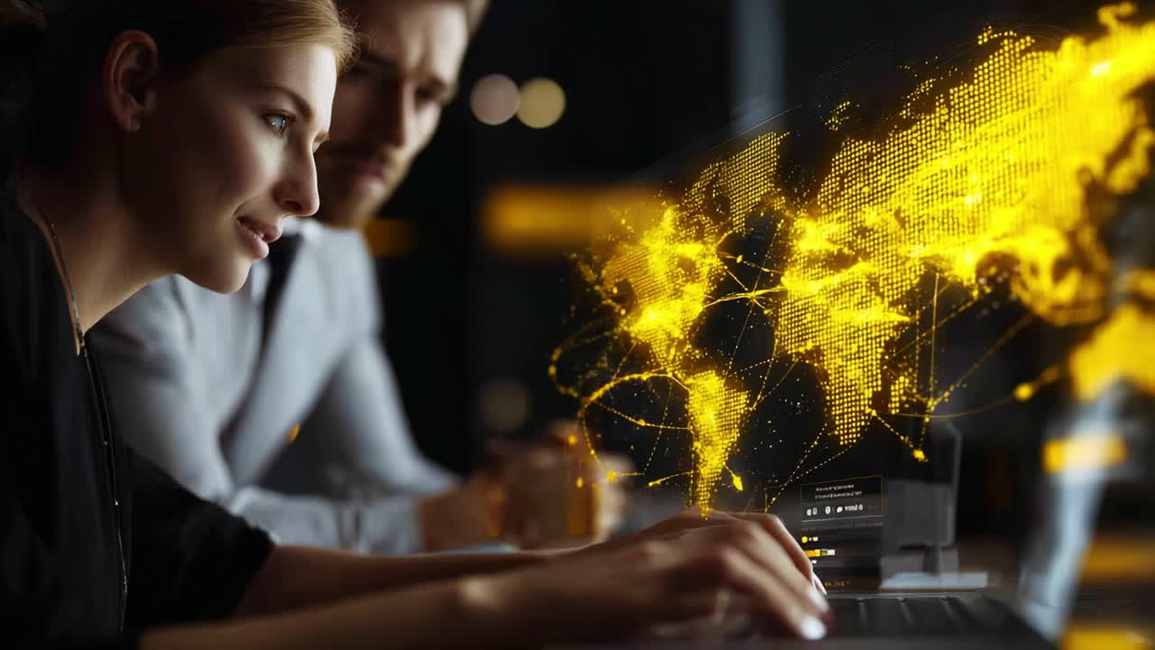 Focused Collaboration: Two Professionals Engaged in Digital Analysis with a Visual Representation of Global Connectivity and Network Interactions Illuminated in Yellow