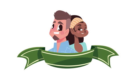 young interracial couple and ribbon frame animation