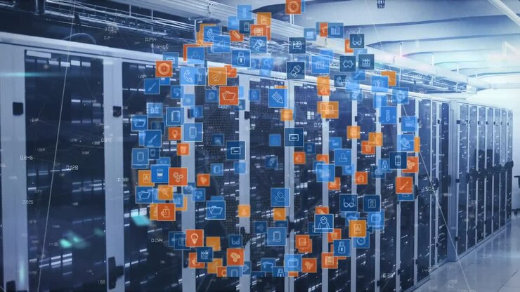 Animation of globe made of icons rotating over servers