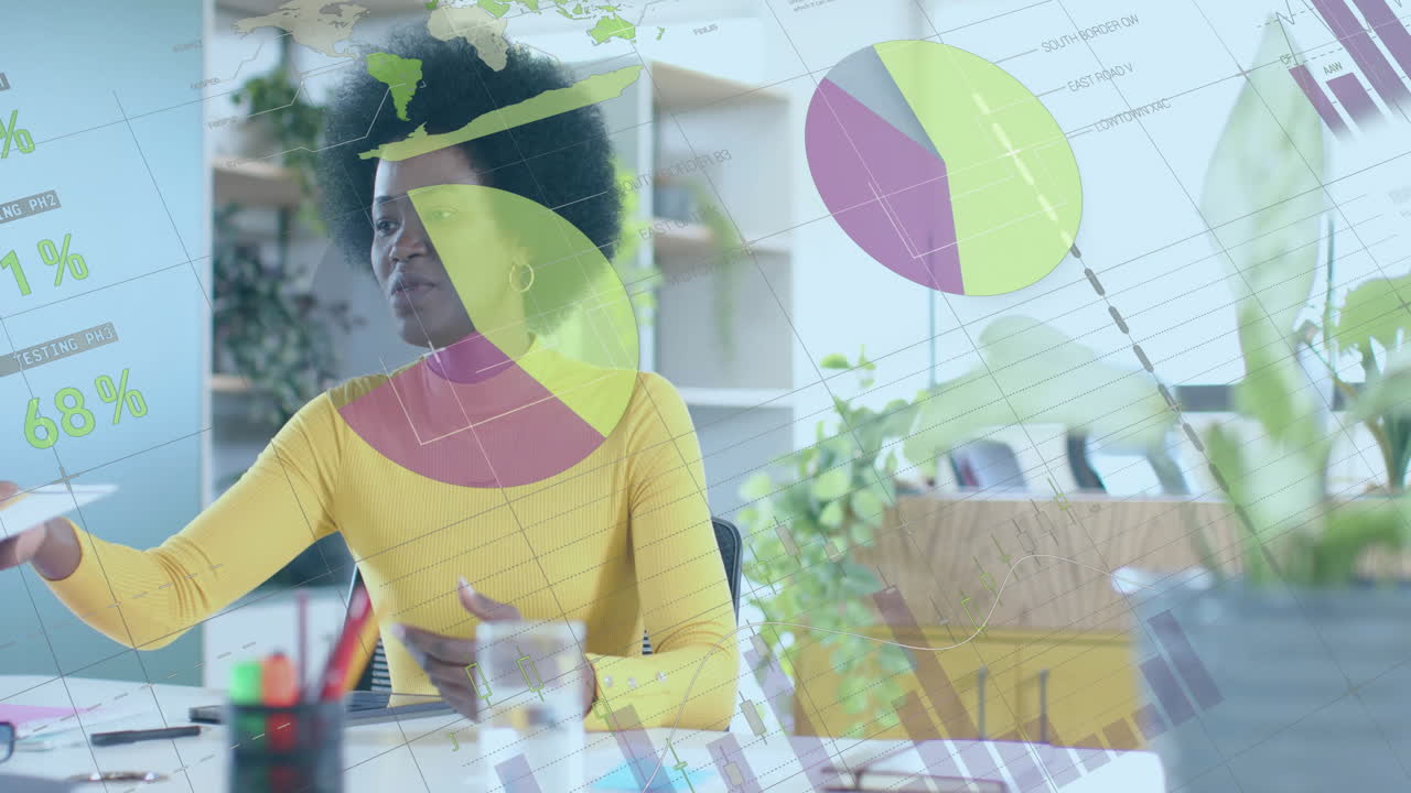 Animation of financial data processing over african american businesswoman working in office