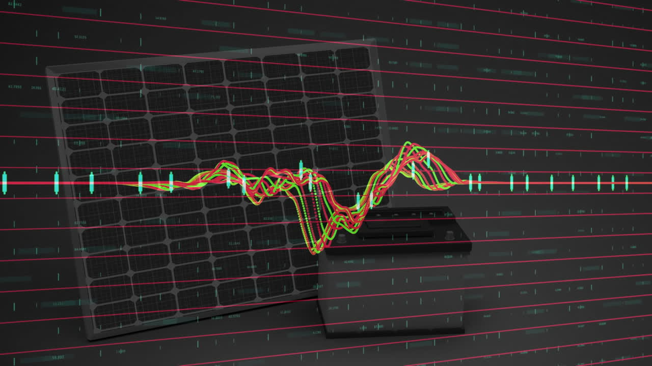 panel solar y animación de análisis de datos sobre líneas de gráfico fluctuantes