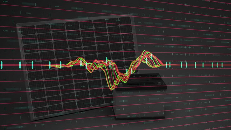 Solar panel and data analysis animation over fluctuating graph lines
