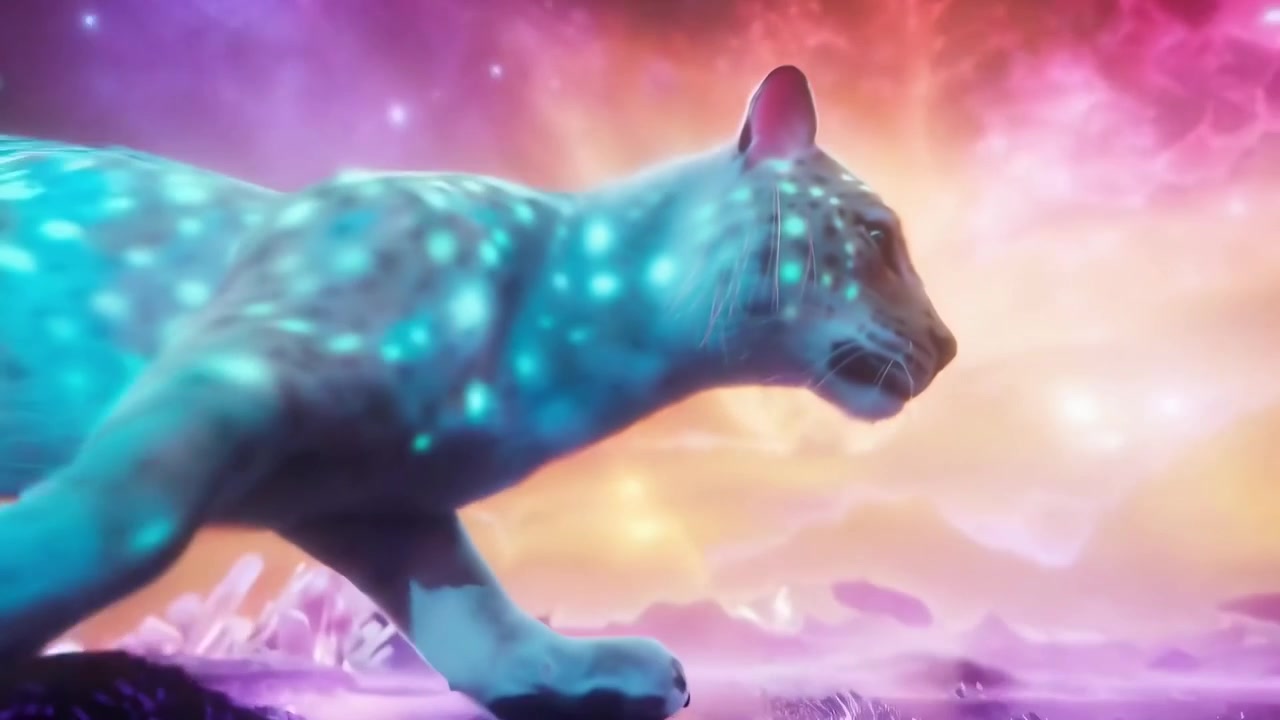 Leopardo fantasy con macchie luminose in un paesaggio cosmico
