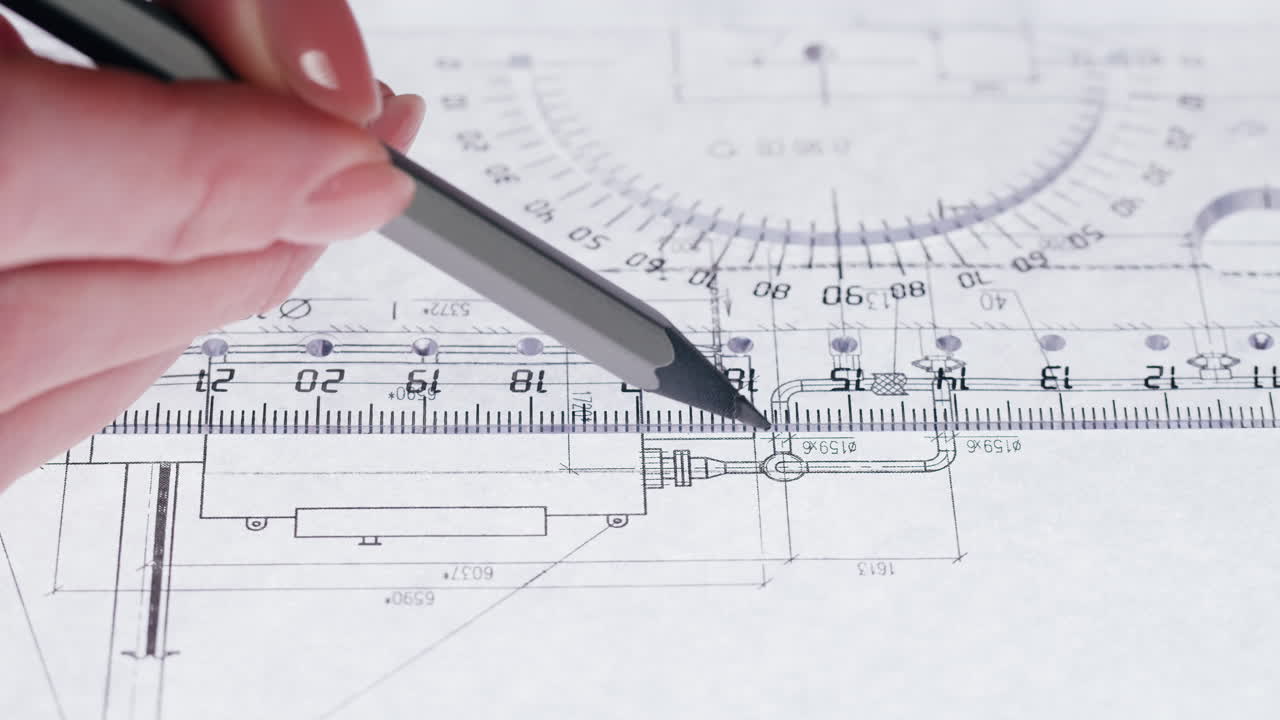 Close-up of a hand using a pencil and ruler on a technical drawing