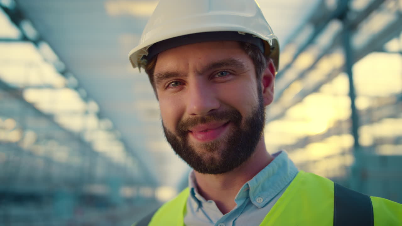 retrato de un ingeniero de fábrica sonriendo a la cámara disfrutando del trabajo usando un casco blanco