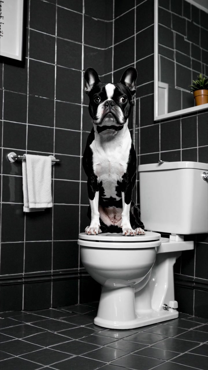 Boston Terrier Dog Sitting on a Toilet in a Modern Bathroom