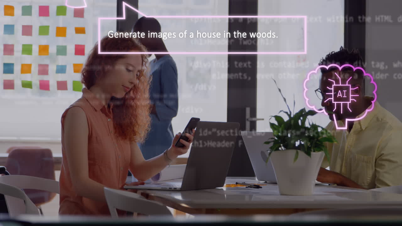 Animation of ai text and data processing and caucasian businesswoman using laptop