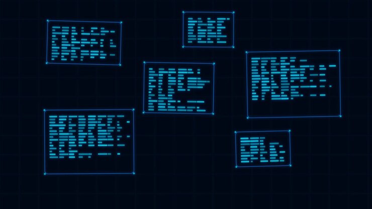 Digital Data Windows Displaying Programming Code on Dark Background